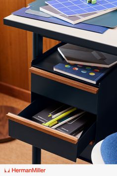 A Mode Desk with a drawer open, showing the pens and journal inside. Home Office Desk Ideas, Office Desk Ideas, Desk Solutions