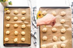 two images showing the dough balls being made and then placed on a baking sheet with sunflowers in the background