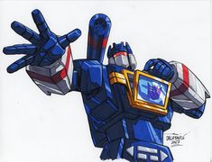 a drawing of a blue and silver robot with his arms outstretched in front of him