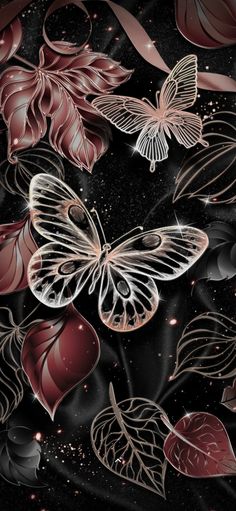 a black background with red and white butterflies on it's back ground, surrounded by leaves