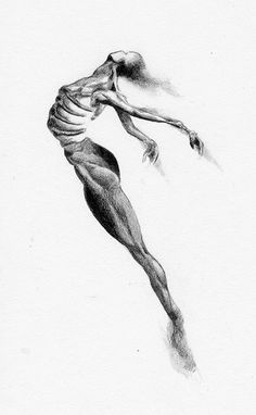 a black and white drawing of a man's body in the air with his arms outstretched