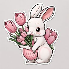 a sticker with an image of a bunny holding flowers in it's lap