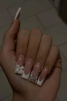 White French Tip Nails With Bling, Fuerza Regida Nails, Latina Nail Ideas, Simple Hello Kitty Nails, Bling French Tip Nails, Nail Designs With Gems, Ivana Santacruz, Ongles Bling Bling