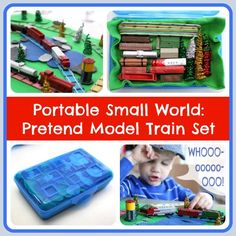 the portable small world pretend model train set is in its plastic case and has instructions to make it