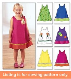 Sewing Pattern Make Sundresses for Girls This listing is for one sewing pattern to make all of the items listed below.  Directions and pattern pieces are included.  Please note that anything else shown as well as any fabric or supplies needed are not included.  Brand new and uncut. You can do so many things with these a-line sundresses from trim to color-blocking!  Sew any of the five styles shown.  All dresses come to just above the knee and have button shoulder closures.  Add optional trim or Easy Girls Dress, Sundress Sewing Patterns, Toddler Dress Patterns, Top Sewing, Girl Dress Patterns, Bear Party, Butterick Pattern, Sew Easy