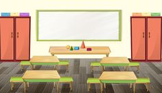 an empty classroom with wooden tables and green benches in front of a large whiteboard