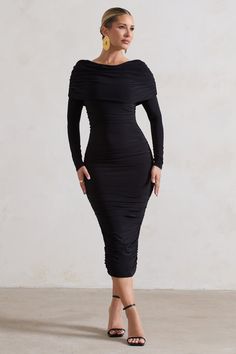 Lea | Black Long Sleeve Ruched Midi Dress with Draped Bardot Overlay Long Sleeve Ruched Black Dress, Black Bodycon Dress Long Sleeve Formal, Black Ruched Dress Long, Ruched Long Sleeve Midi Dress, Rouched Dress With Sleeves, Ruched Dress Bodycon Long Sleeve, Black Brushed Rib Long Sleeve Ruched Shirt Dress, Long Sleeve Black Dress, Sleeve Black Dress