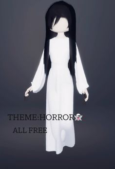 a white dress with black hair is shown in front of a dark background and the words,