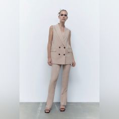 Nwt High-Waisted Pants. False Back Welt Pockets. Flared Legs With Side Vents. Hidden In-Seam Zip Closure. Spring Beige High-waisted Pantsuit, Casual Tailored Zara Pantsuit, Chic Beige Trousers Pantsuit, Beige Trousers Pantsuit For Office, Chic Beige Pantsuit For Fall, Chic Zara Straight Leg Pantsuit, Fitted High Waist Beige Pantsuit, Beige Pantsuit For Spring, Zara Fitted Business Casual Pantsuit