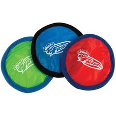 three frisbees sitting on top of each other in front of a white background