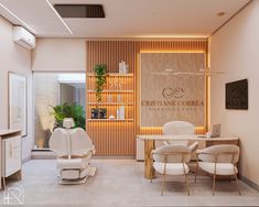 the interior of a salon with white chairs