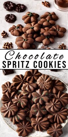 chocolate spritz cookies on a white plate