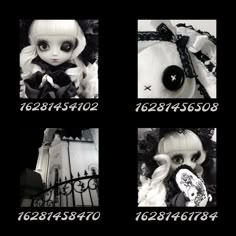 four different pictures of dolls in black and white