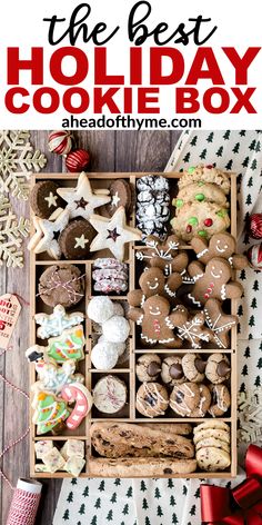 the best holiday cookie box recipe for christmas cookies, cookies and other treats in a wooden box