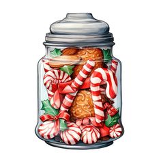 a glass jar filled with candy canes and cookies