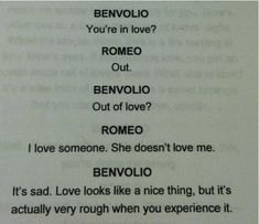 the words are written in different languages on a piece of paper that says, benvolio you're in love?