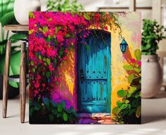 a painting of a blue door with pink flowers on the outside and green plants around it