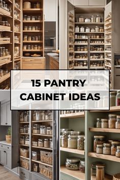 15 pantry cabinet ideas displayed with organized shelves and various jars. Cabinet Pantry Ideas Storage, Kitchen With Pantry Cabinet Layout, Premade Pantry Cabinet, Pantry Closet Remodel, Kitchen Cabinet Pantry Ideas, Building A Pantry In Kitchen, Pantry With Cabinets, Kitchen Pantry Cabinets Built Ins, Cabinet Pantry Ideas