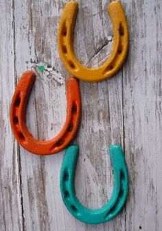 two orange and green horseshoes sitting on top of a wooden table