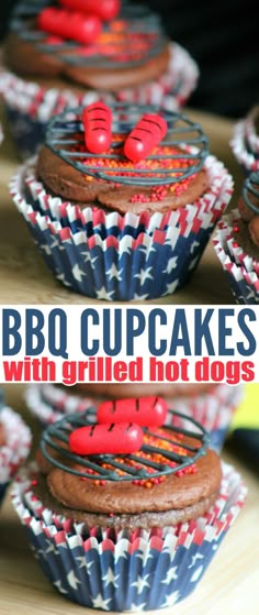 cupcakes with grilled hot dogs on them and the words bbq cupcakes with grilled hot dogs