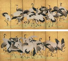 Folding Screens, Birds Wallpaper, Japanese Screen, Crane Bird, Seamless Paper, Folding Screen, Bird Wallpaper, Art Japonais, Gold Wallpaper