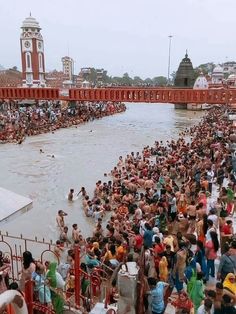 a large group of people standing in the water