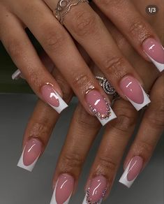 White Y2k French Tip Nails, Nail Design With Pink Base, Half Inch Nails, Simple Pink Nails With Gems, Birthday Nails With Initial, Initial Short Nails, Original French Tip Nails, Cute Nail Ideas Black Women, French Tip Short Nails With Design