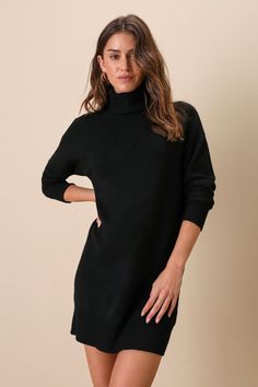 Pickup a warm bevvy and embrace the changing season in style with the Lulus Frosty Forecast Black Turtleneck Long Sleeve Sweater Dress! Ultra soft and cozy sweater knit shapes a chic turtleneck that flows into a contrasting, triangular ribbed knit detail. The relaxed silhouette is framed by long sleeves and ends at a flirty hem. Ribbed knit accents the cuffs and hem. Fit: This garment fits true to size. Length: Mid-thigh. Size medium measures 33.5" from shoulder to hem. Bust: Great for any cup s Black Turtleneck Long Sleeve, Black Long Sleeve Sweater, Sleek Dress, Black Sweater Dress, Turtleneck Long Sleeve, Turtleneck Sweater Dress, Dresses Xxl, Long Sleeve Sweater Dress, Mini Sweater Dress