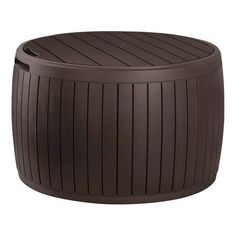 an outdoor round plastic ottoman with wooden slats on the top and bottom, in dark brown