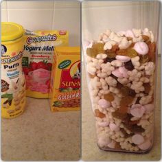 there are two pictures of food in the same container and one is filled with cereal