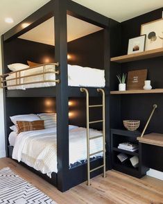 a bedroom with bunk beds and shelves in it