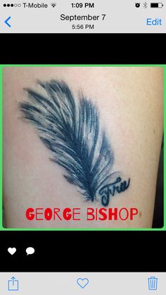 the back of a woman's arm with a feather tattoo on it