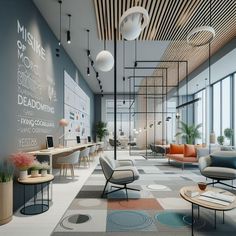 an office lobby with lots of furniture and walls covered in chalk on the wall behind them