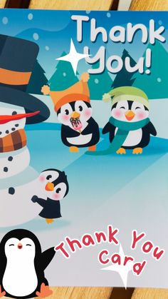 a thank you card with penguins and snowmen