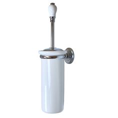 a white toilet paper dispenser with a metal handle and knob on it