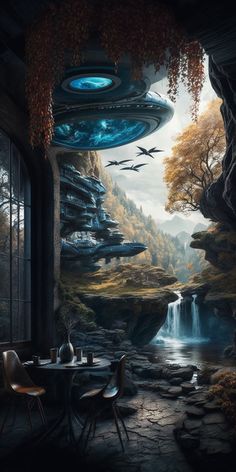 an artistic scene with birds flying in the sky above a river and waterfall, surrounded by mountains