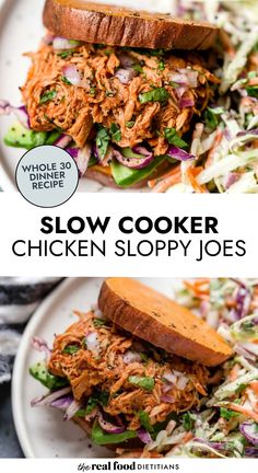 slow cooker chicken sloppy joes on a white plate