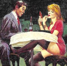 a painting of a man and woman sitting at a table with wine in front of them