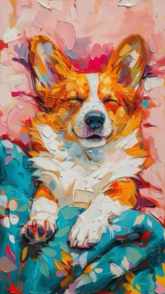 a painting of a corgi dog resting on a couch