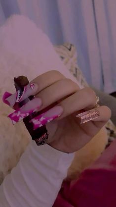 Baddie Nails Square Long, Pink Bape Nails, Nail Ideas Latina, Pink Money Nails, Long Baddie Nails, Hood Nails, Dress Latina, Asian Baddie, Money Nails