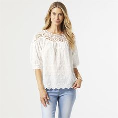 The details in this top are everything. Features cotton material, lace necklace, puff sleeves and scalloped hem. Lace Necklace, Eyelet Top, Scalloped Hem, Free Giveaway, Puff Sleeves, Cotton Material, Puff Sleeve, Lace, White