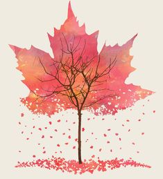 a watercolor painting of a tree with red leaves on it's branches and the words autumn written below