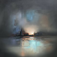 an abstract painting with water and buildings in the background on a gray, foggy day