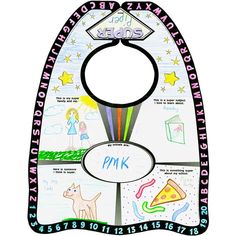 a child's bib with drawings on it