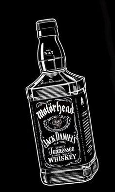 an illustration of a bottle of whiskey on a black background with the words motorhead