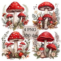 four red mushrooms with leaves and flowers on them, all in the same color scheme