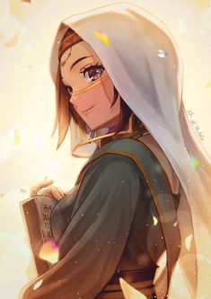 an anime character is holding a book in her hands and looking at the camera while wearing a hood