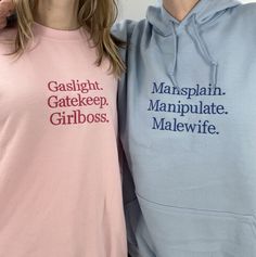 Looking for the perfect couples gift this Valentine's Day? Well stop your search. This matching set of Gaslight. Gatekeep. Girlboss. And Mansplain. Manipulate. Malewife. couple crewnecks are embroidered on a soft 50/50 cotton/polyester blend sweatshirt. This is a package deal: you will receive two crewneck sweatshirts. Choose sizes and colors from dropdown menus.  Any questions? Just ask! Matching Couple Sweatshirts, Gaslight Gatekeep Girlboss, Couple Sweatshirts, Hoodie Outfits, Funky Shirts, Silly Shirt, Couples Sweatshirts, Magnum Opus, Weird Shirts