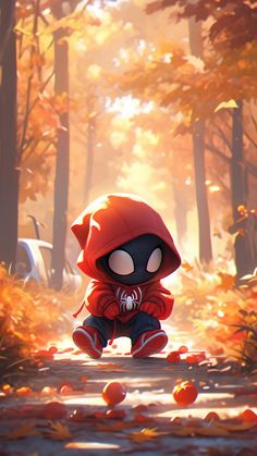 a cartoon character is sitting in the middle of an autumn forest with leaves on the ground