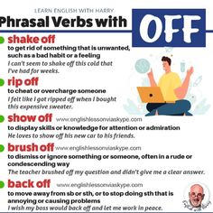 a poster with the words phrasal verbs with off and an image of a man